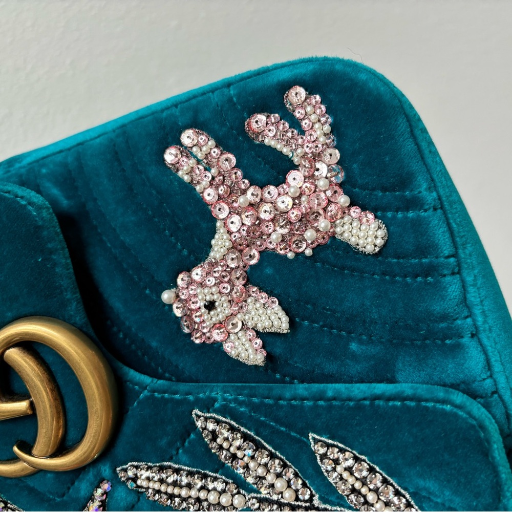 Gucci Velvet Matelasse Embroidered Small GG Marmont Shoulder Bag Pavone Cyan - Picture 10 of 15